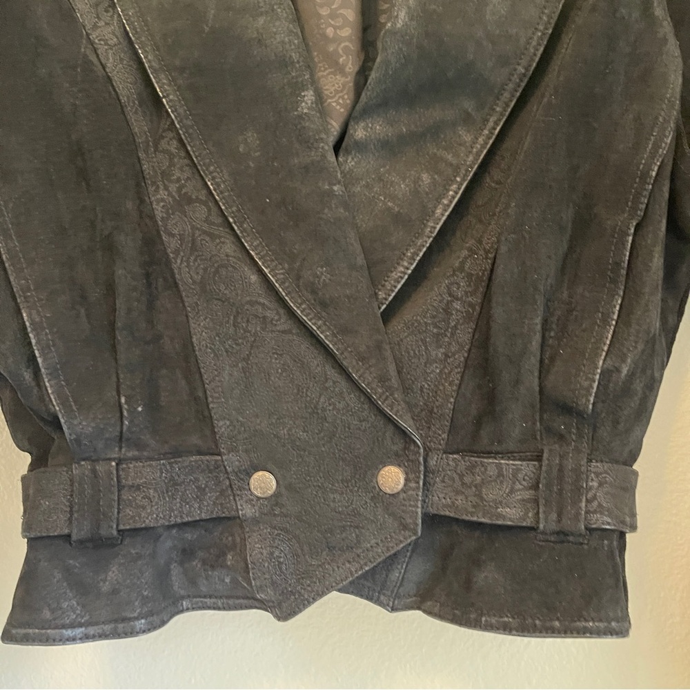 Otello Pelle Cropped Leather Jacket Black Paisley Vintage Moto Style Y2K 90s - Picture 5 of 15